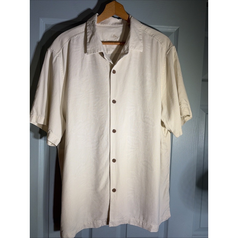 Tommy Bahama Shirt Men's XL Cream/White Short Sleeve Button Up 100% Silk